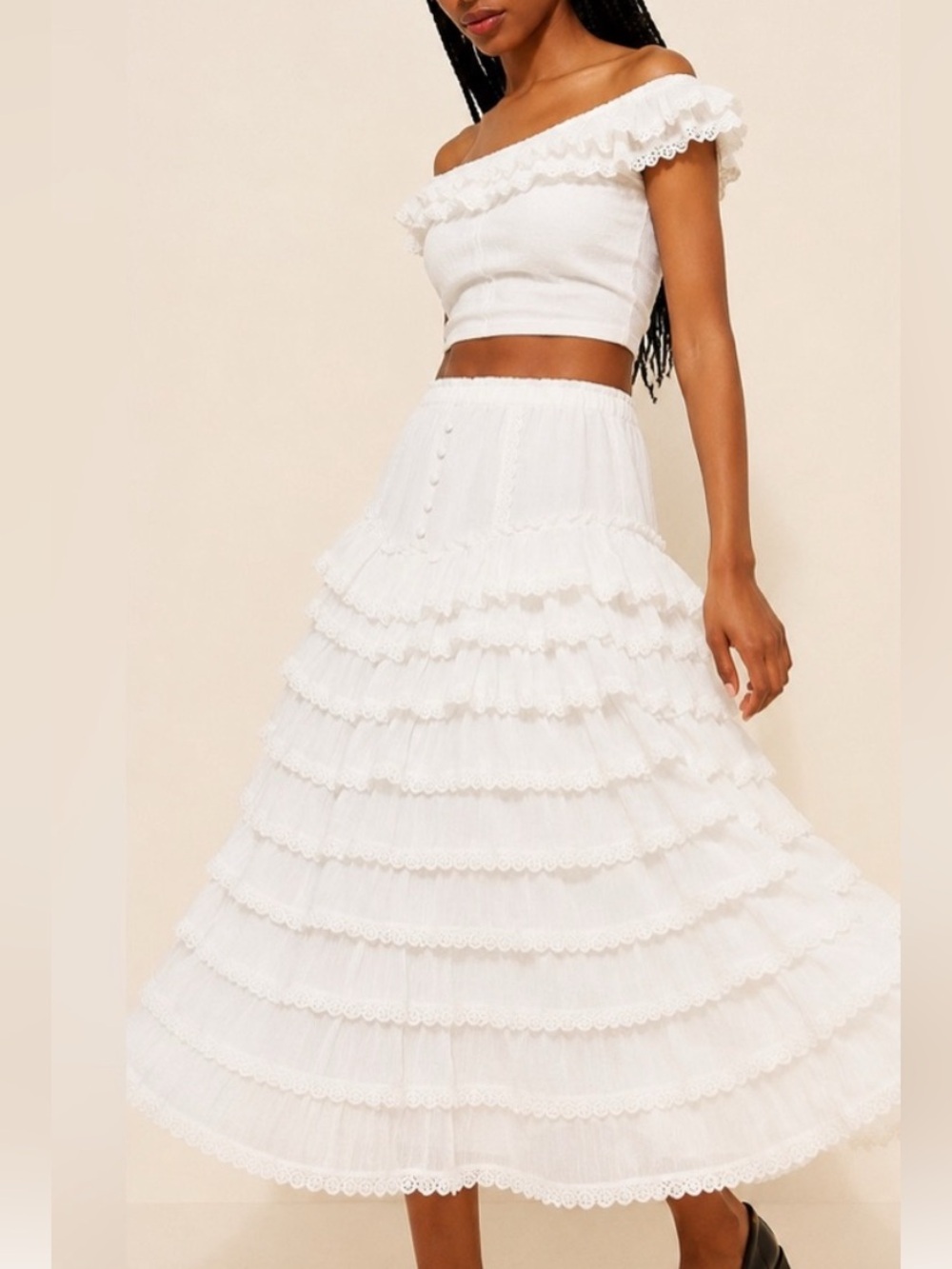 Amy Jane London Anastasia White Tiered Eyelet Ruffle Midi Skirt S Cottagecore